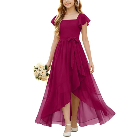EnJoCho Girls Chiffon Junior Bridesmaid Dress Square Neck Flutter Sleeves High Low Formal Party Flower Girl Wedding Holiday Dance Pageant Evening Gown