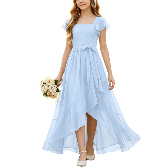 EnJoCho Girls Chiffon Junior Bridesmaid Dress Square Neck Flutter Sleeves High Low Formal Party Flower Girl Wedding Holiday Dance Pageant Evening Gown