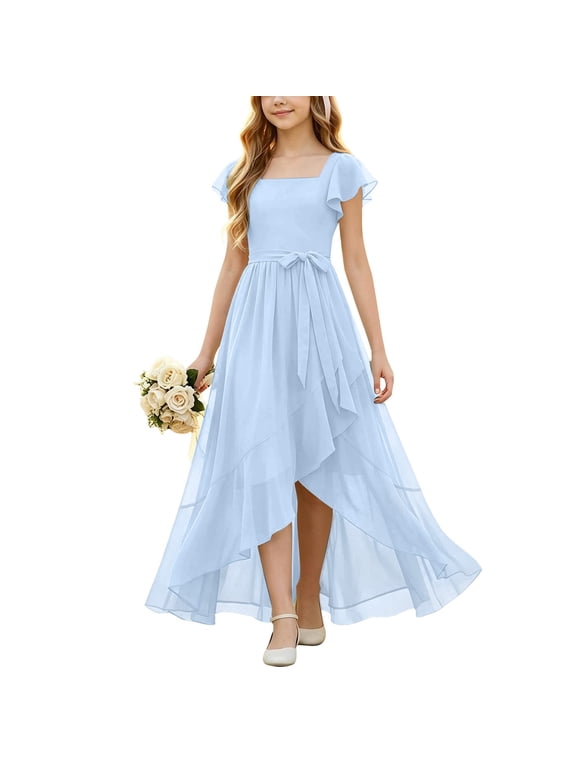 Girls Chiffon Junior Bridesmaid Dress Square Neck Flutter Sleeves High Low Formal Party Flower Girl Wedding Holiday Dance Pageant Evening Gown