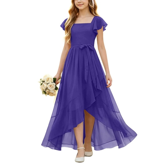 EnJoCho Girls Chiffon Junior Bridesmaid Dress Square Neck Flutter Sleeves High Low Formal Party Flower Girl Wedding Holiday Dance Pageant Evening Gown