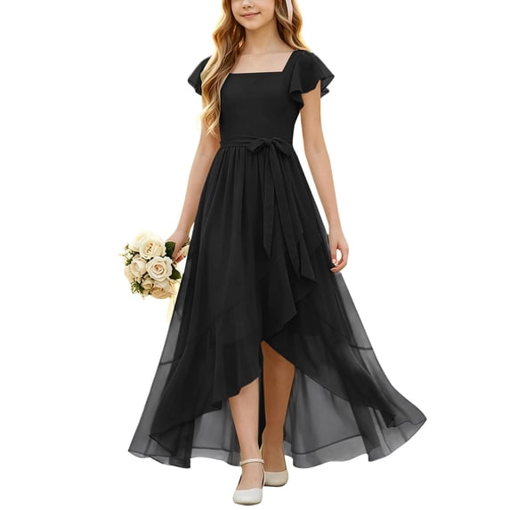 EnJoCho Girls Chiffon Junior Bridesmaid Dress Square Neck Flutter Sleeves High Low Formal Party Flower Girl Wedding Holiday Dance Pageant Evening Gown