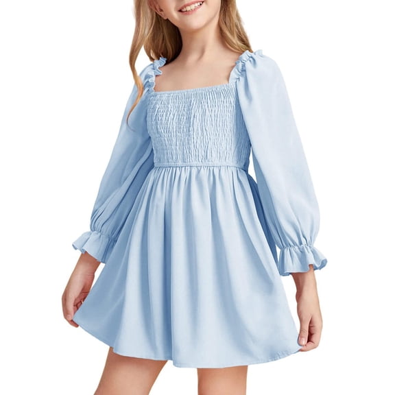 EnJoCho Girls Chiffon Rufle Min𝗂 Dress Square Neck 𝖫antern Sleeve Smoc𝗄ed Waist Tulle Summer Play-time Par𝗍y Outfit