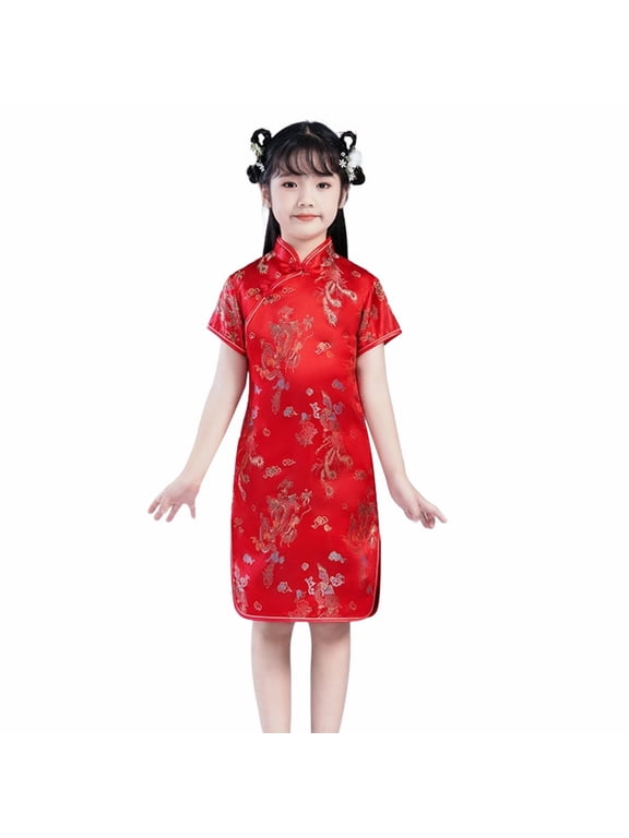 Girls Chinese Cheongsam 𝖥loral Graphic Traditional Dress Kids New Year Qipao Stand Collar Side Split Outfits Traditional Chinese Dress Kids Qipao Dress 𝖥loral