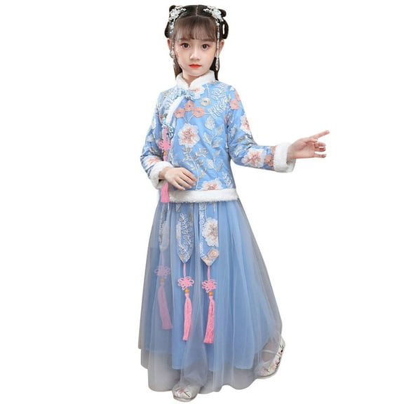 EnJoCho Girls Chinese New Year Dress Kids Traditional Embroidered 𝖥loral Tops Cute Tulle Set Chinese Knot 2 Piece Outfit