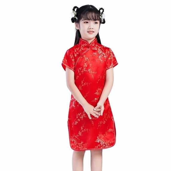 EnJoCho Girls Chinese Qipao Dress Girls Sleeveless Floral Print Dress Dragon Pattern Short Sleeve Cheongsam Dress for Birthday Party Wedding
