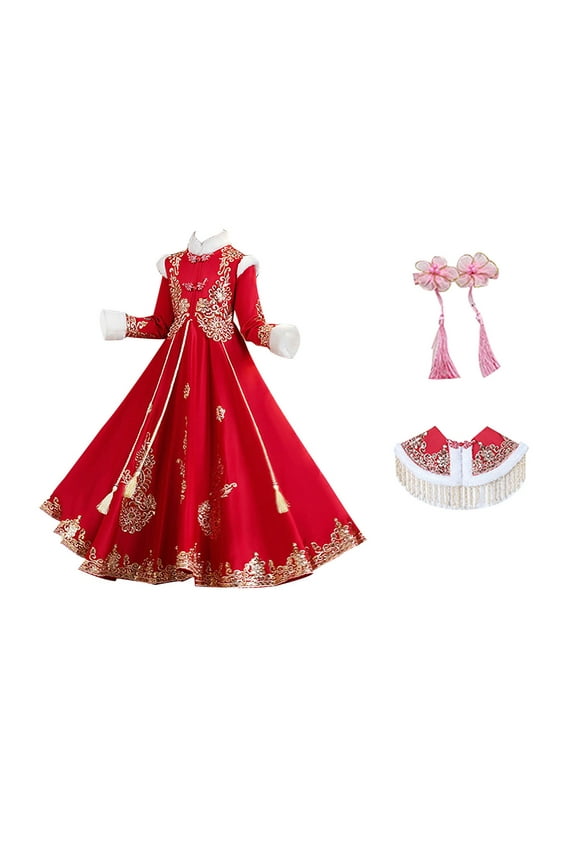 Girls Chinese Traditional Dress New Year Embroidered Pearl Shawl Tassels Modern Elegant Zip Princess Outfits Cheongsam Qipao Chinese New Year Gown Traditional Chinese Gown