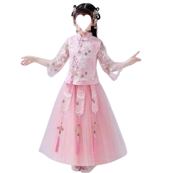 EnJoCho Girls Chinese Traditional Dress New Year 𝖥loral Embroidered Chinese Knot Mesh Sleeve Tutu Tulle Skirt Set Traditional Chinese Dress 𝖥loral Embroidered Dress