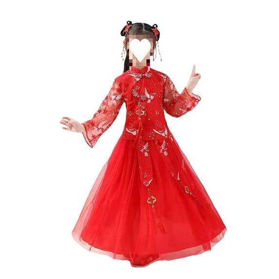 EnJoCho Girls Chinese Traditional Dress New Year š„loral Embroidered Chinese Knot Mesh Sleeve Tutu Tulle Skirt Set Traditional Chinese Dress š„loral Embroidered Dress