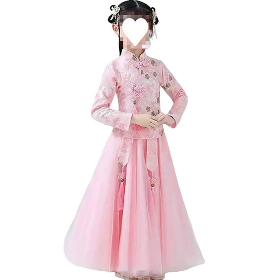 EnJoCho Girls Chinese Traditional Dress New Year š„loral Embroidered Chinese Knot Mesh Sleeve Tutu Tulle Skirt Set Traditional Chinese Dress š„loral Embroidered Dress