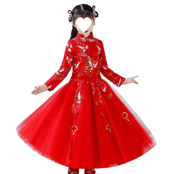 EnJoCho Girls Chinese Traditional Dress New Year š„loral Embroidered Chinese Knot Mesh Sleeve Tutu Tulle Skirt Set Traditional Chinese Dress š„loral Embroidered Dress