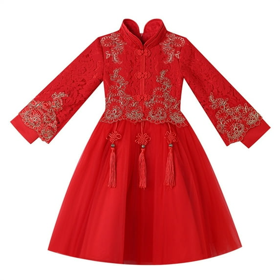 EnJoCho Girls Chinese Traditional New Year Dress š„loral Embroidered Chinese Knot Tulle Dress Elegant Classic Outfits
