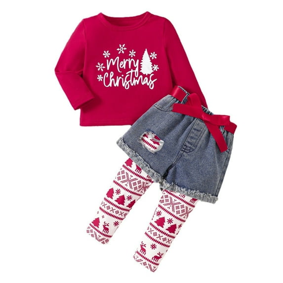 EnJoCho Girls Christmas 3-Piece Set: Long Sleeve Tee + Denim Shorts + Print Bottoms, Merry Christmas Letter Graphic Holiday Outfit Fall Winter Clothes