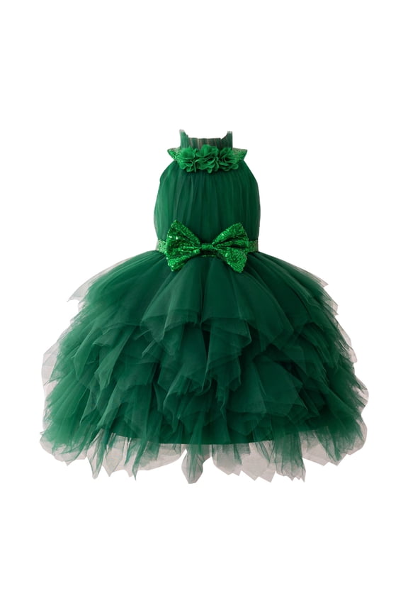 Girls Christmas Tulle Dress, Sleeveless Glitter Sequin Bowknot Layered Pleated Irregular He𝗆 Holiday Par𝗍y Gown for Kids