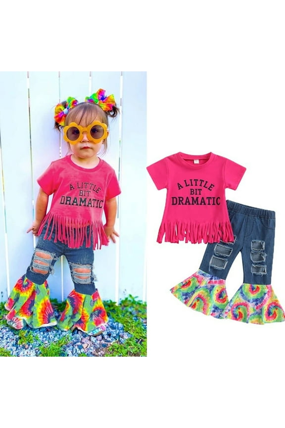 Girls Clothes Size 5 Toddler Kids Baby Girls Crop Letter T Shirt Tops Hole Denim Jeans Pants 2PCS Outfits Clothes Set Little Girl Summer Trendy Clothing Set 3-4 Years