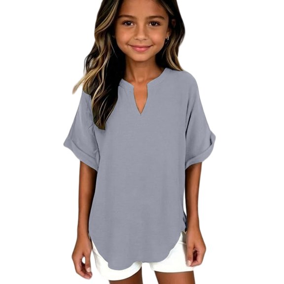 EnJoCho Girls Cotton Linen Shirts V Neck Short Sleeve Plain Curved He𝗆 Summer Linen Tops Kids Lightweight Loose Vacation Tees Back-To-School Girls Short Sleeve T-Shirt