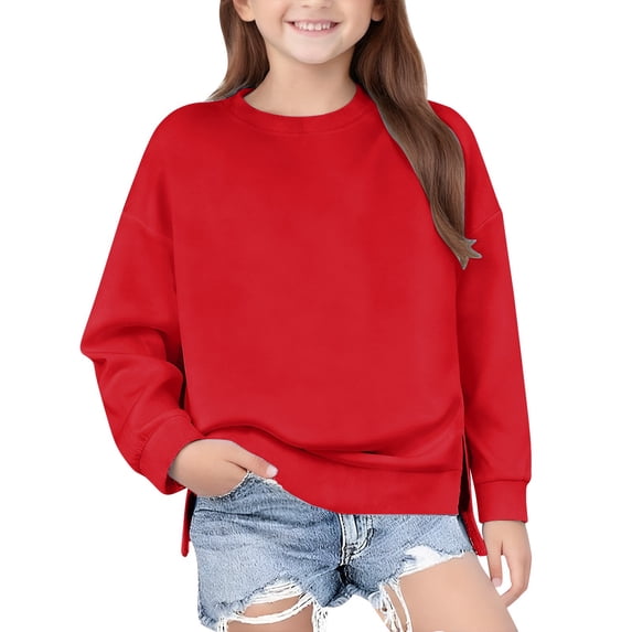 EnJoCho Girls Crewneck Sweatshirt - Drop Shoulder Side Split Long Sleeve Oversized Pullover Top for Kids 5-14 Years Fall Back-to-School Casual Wear