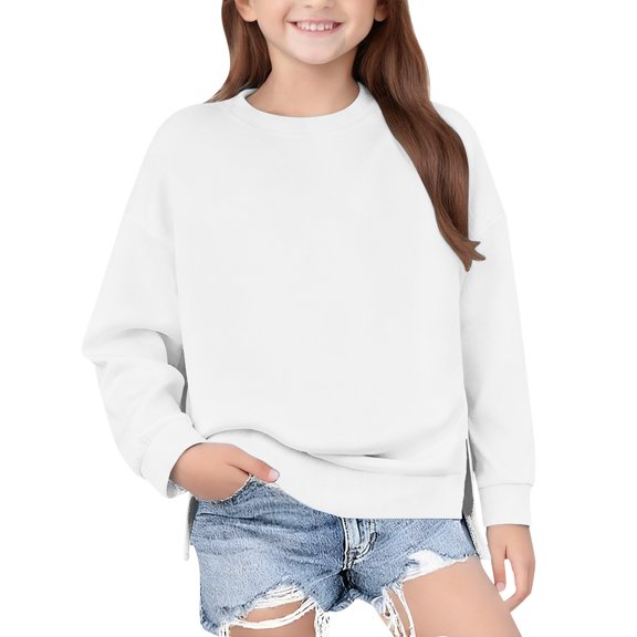 EnJoCho Girls Crewneck Sweatshirt Long Sleeve Pullover Tops Drop Shoulder Side Split 5-14 Years Oversized Hoodie Crew Neck Sweatshirt Casual Top