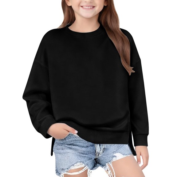 EnJoCho Girls Crewneck Sweatshirt Long Sleeve Pullover Tops Drop Shoulder Side Split 5-14 Years Oversized Hoodie Crew Neck Sweatshirt Casual Top