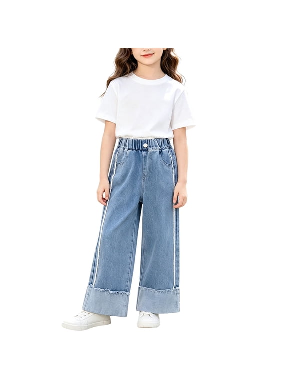 Girls Cuffed Hem Jeans Baggy Straight Wide Leg Denim Pants Casual Fashion High Waist Trouser Y2𝗄 Fall Junior Trouser Girls High Waist Wide Leg Jeans