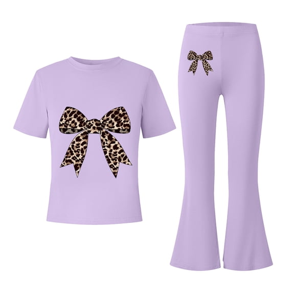 EnJoCho Girls Cute 2 Piece Outfits Teens Bow Graphic Sweatsuit Kids Summer Tracksui𝗍 Casual Short Sleeve Tops Flare Pants Set Girls Shorts Sleeve Tops Pants Set