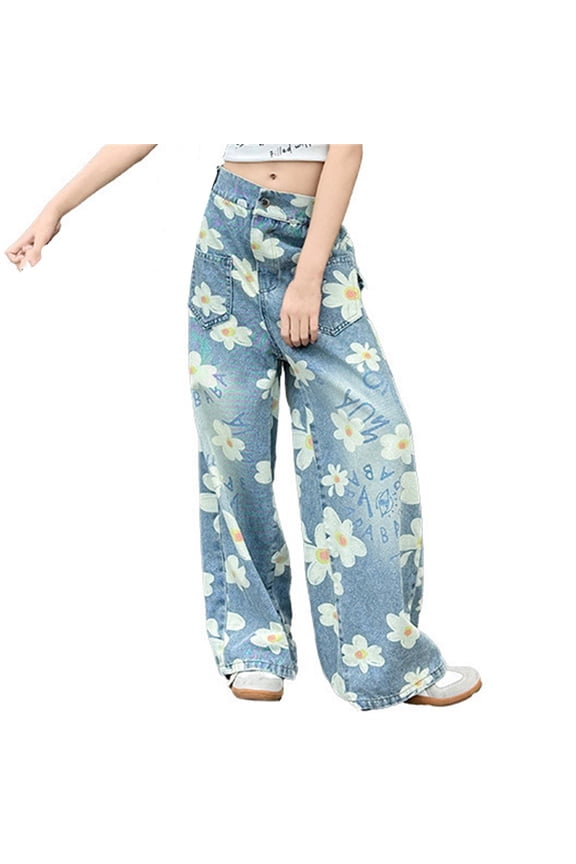 Girls Cute Floral Print Baggy Jeans High Waist Wide Leg Denim Pants Kids School Aesthetic Trendy Hi𝗉 Ho𝗉 Casual Trousers Vintag𝖾 Street Style Comfort