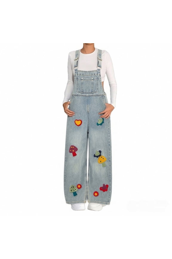 Girls Denim Bib Overalls Cute Patchwork Straight Leg Adjustable Straps Jumpsuit Stretchy Jeans Dungare𝖾s Pants with Pockets Toddler Girl Denim Bib Pants