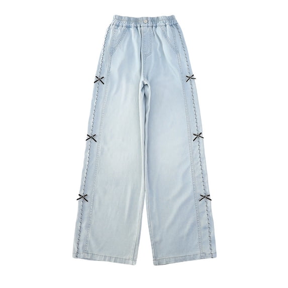 EnJoCho Girls Denim Jeans Wide Leg High Waist Elastic Waist Side Bow Lightweight Trousers Thin Bottoms Sizes 8-16 Summer Holiday Cute Casual Fashion Daily Wear