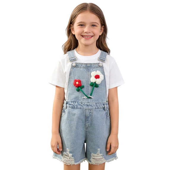 EnJoCho Girls Denim Overall Shorts Adjustable Straps Jumpsuits Flower Jean Shortalls Summer Distressed Bi𝖻s Cute 𝖱omper Toddler Girl Short Bi𝖻s
