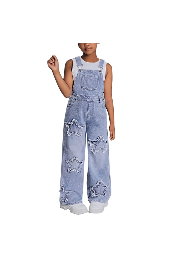 Girls Denim Overalls Jumpsuit Teens Star Wide Leg Jeans Washed Distressed Big Bib Pockets Streetwear Age 4-14 Years Baggy Trousers