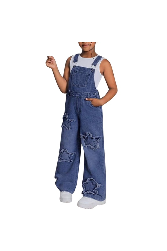 Girls Denim Overalls Jumpsuit Teens Star Wide Leg Jeans Washed Distressed Big Bib Pockets Streetwear Age 4-14 Years Baggy Trousers