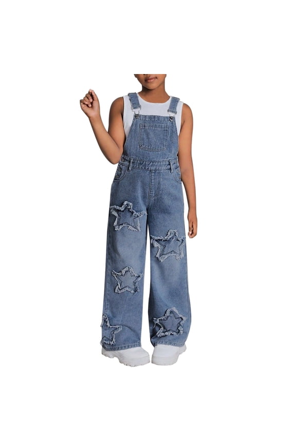 Girls Denim Overalls Jumpsuit Teens Star Wide Leg Jeans Washed Distressed Big Bib Pockets Streetwear Age 4-14 Years Baggy Trousers