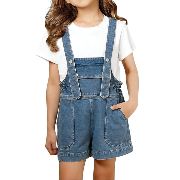 EnJoCho Girls Denim Short Overalls Trendy Stretchy Ripped Stone Wash Shortalls Adjustable Straps Big Pockets Summer Suspender Shorts for Kids 3-16 Years