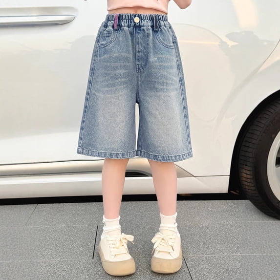 EnJoCho Girls' Denim Shorts Elastic Waist Loose Wide Leg Jeans Shorts Kids Casual Knee Length Shorts School Uniform Jorts for Teen 4-16 Years