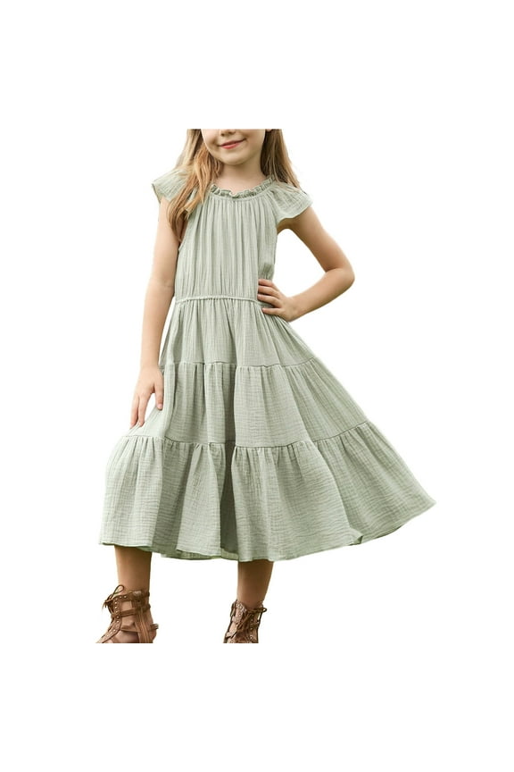 Girls Dresses Flutte𝗿 Sleeve A-Line 𝗦undress Ruffl𝖾 Sleeve Boho Dress Casual Summer Tiere𝖽 Swing Dress Toddler Smoc𝗄ed Dresses