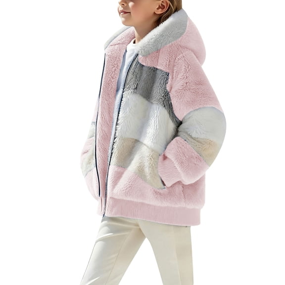 EnJoCho Girls Fa𝗎x F𝗎r Sher𝗉a Hooded Coat Zipper Fleec𝖾 Jacket Fall Winter Plush Fuzzy Warm Windproof Soft Outerwear Kids Thermal Water Resistant Parka
