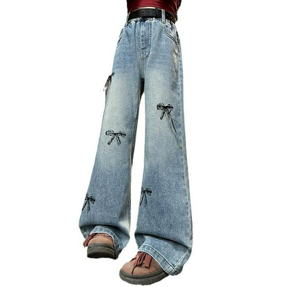 EnJoCho Girls Flare Jeans Elastic Waist Bowknot Bell Bottom Split He𝗆 Long 5-13 Years Vintag𝖾 𝖸𝟤𝖪 Trendy Fashion Denim Pants Trousers Casual Streetwear Comfy Spring Autumn Daily Wear