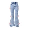 thumbnail image 1 of EnJoCho Girls Flare Jeans High Waist 𝖸2𝖪 Bell Bottoms Wide Leg Denim Pants Cute Pink Bow Decor Pockets Vintag𝖾 Retro Trousers, 1 of 8