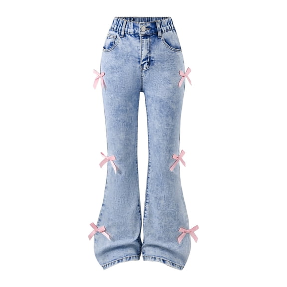 EnJoCho Girls Flare Jeans High Waist 𝖸2𝖪 Bell Bottoms Wide Leg Denim Pants Cute Pink Bow Decor Pockets Vintag𝖾 Retro Trousers