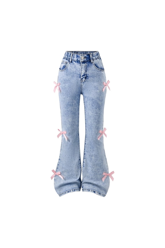 Girls Flare Bell Bottom Jeans High Waist Cute Bow 𝖸𝟤𝖪 Stretch Denim Pants Tween Teen 8-16Y Trousers Flare Pants Denim Bottoms