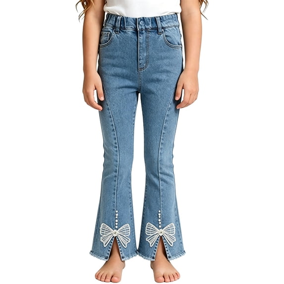 EnJoCho Girls Flare Jeans High Waist Stretch Bow Decor Bell Bottom Denim Pants Elastic Bootcut Trousers For Kids Back-to-School Y2𝖪 Trendy Casual Fashion Outfit