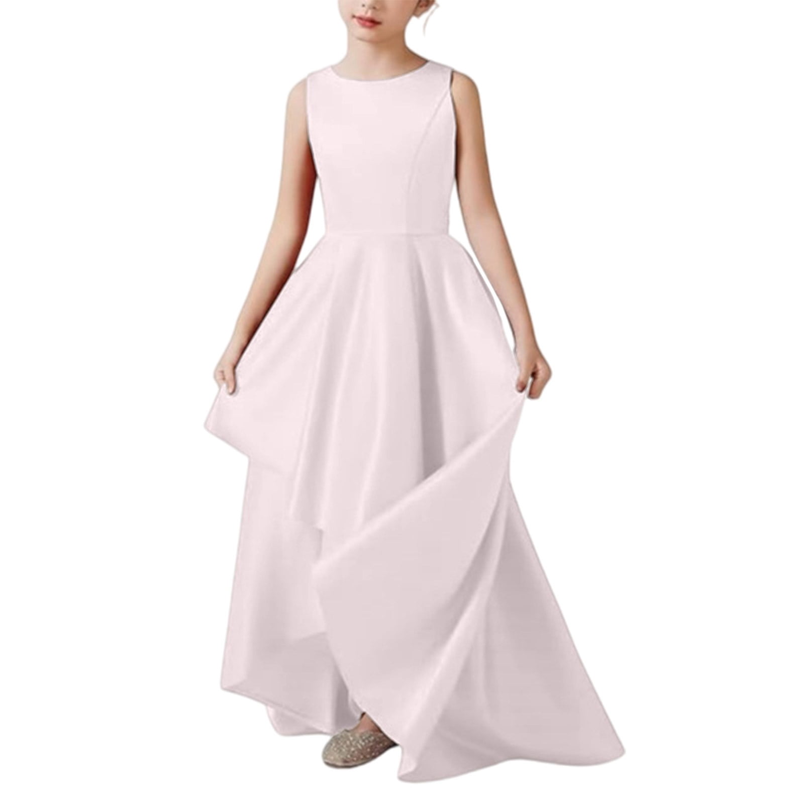 Enjocho Girls Flared A-Line Dress Sleeveless Solid Color Casual Pary Dress for Kids Twirl Long Dress Age 4-12 Years Tight Fitting Stretcy Daily Wear,