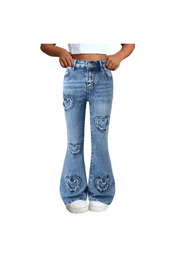 Girls Flared Bell Bottom Jeans Skinny Stretch Elastic Waist Denim Pants with Heart Pockets Teen 7-14 Years Flare Leg Pants Trousers Kids Casual Comfort Wear