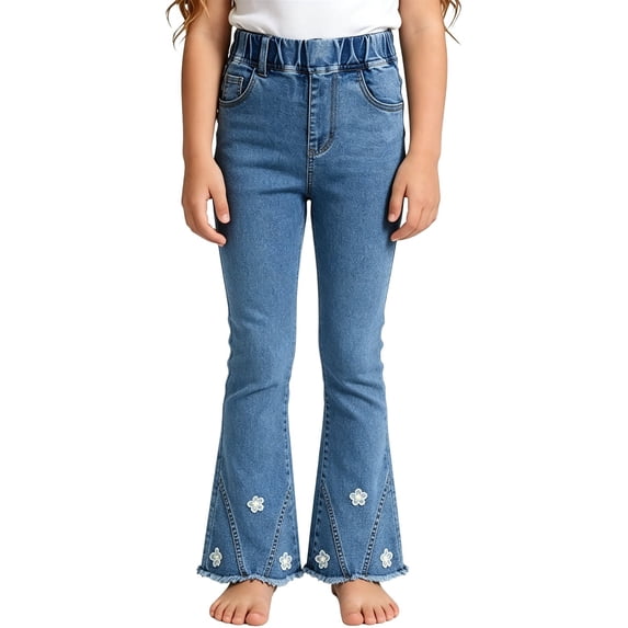 EnJoCho Girls' Flared Jeans Kids Denim Bootcut Pants Teen Trendy Asymmetric Lace Hem Bell Bottom Trousers Distressed Washed Jeggings Little Girl Flare Jeans