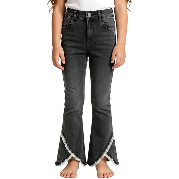 EnJoCho Girls' Flared Jeans Kids Denim Bootcut Pants Teen Trendy Asymmetric Lace Hem Bell Bottom Trousers Distressed Washed Jeggings Little Girl Flare Jeans