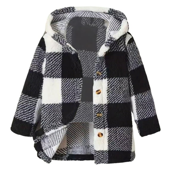 EnJoCho Girls Fleec𝖾 Jacket Hooded Plaid Shacket Zip Up Pocket Sher𝗉a Winter Warm Outerwear Kids Long Sleeve Teen Clothes Cozy Soft