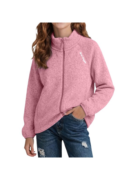 Girls Fleece Jacket Full Zip Stand Collar Lightweight Long Sleeve Casual Warm Outerwear Coat with Side Pockets Kids School Play Daily Wear
