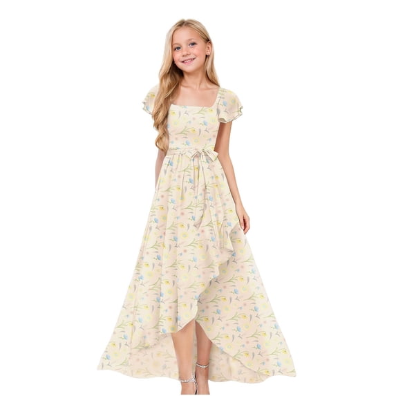 EnJoCho Girls Floral Print Maxi Dress Square Neck Ruffle Short Sleeve Bow Waist High Long Dress For Little Girls Wedding Birthday Party Holiday Dress