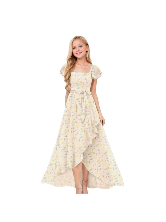 Girls Floral Print Maxi Dress Square Neck Ruffle Short Sleeve Bow Waist High Long Dress For Little Girls Wedding Birthday Party Holiday Dress