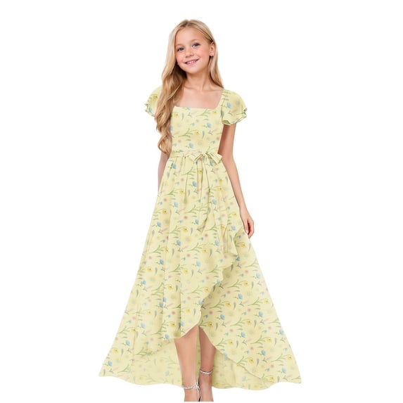 EnJoCho Girls Floral Print Maxi Dress Square Neck Ruffle Short Sleeve Bow Waist High Long Dress For Little Girls Wedding Birthday Party Holiday Dress