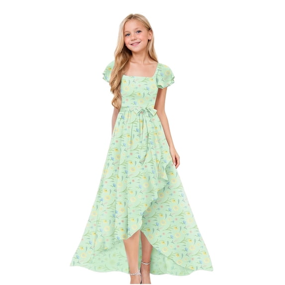 EnJoCho Girls Floral Print Maxi Dress Square Neck Ruffle Short Sleeve Bow Waist High Long Dress For Little Girls Wedding Birthday Party Holiday Dress